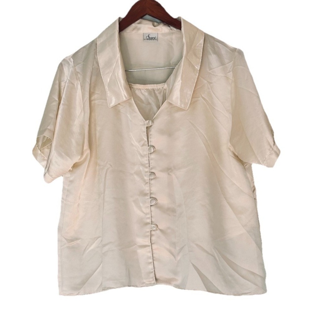 Sopre‎ Satin Pajama Set Shorts and Button Down 2-Piece Ivory Sleepwear Womens M